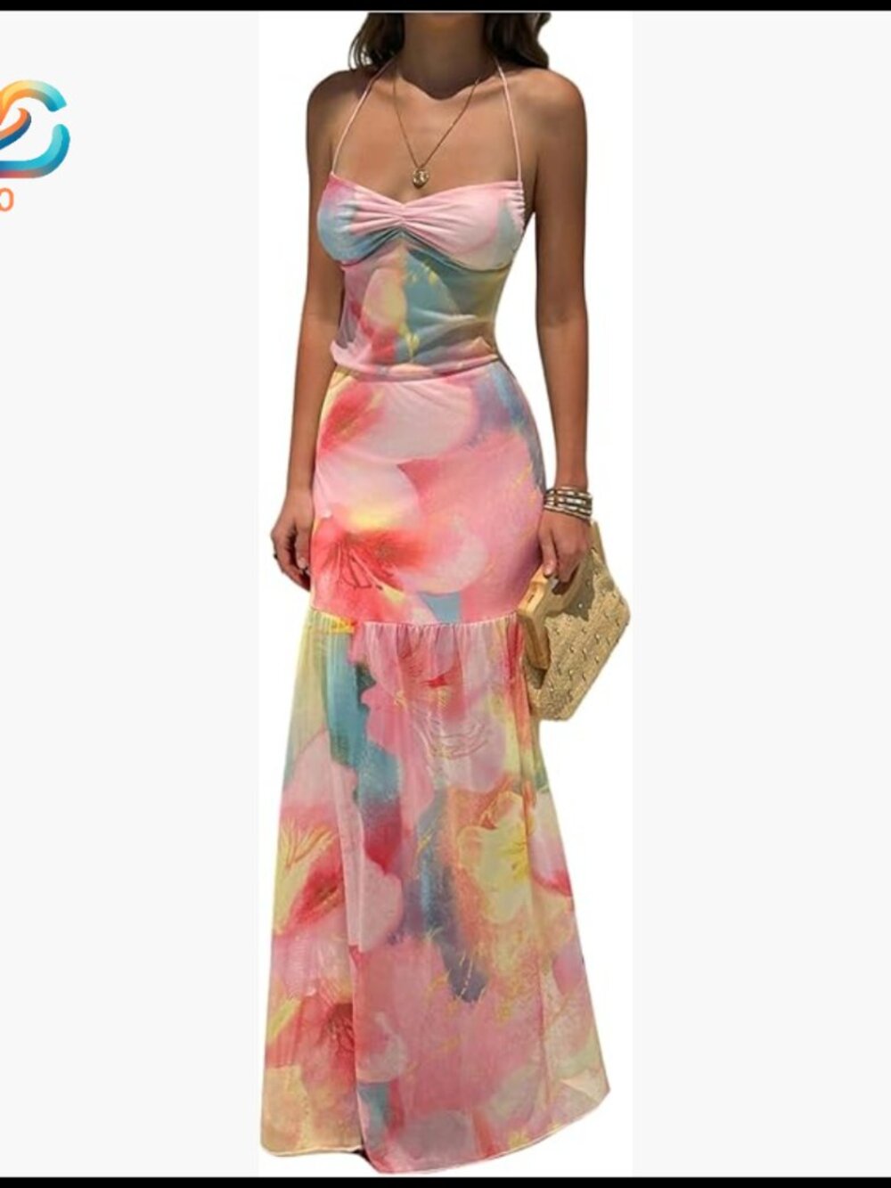 Floral Halter Maxi Dress Sleeveless Backless Ruched Boho Beach Wedding Guest